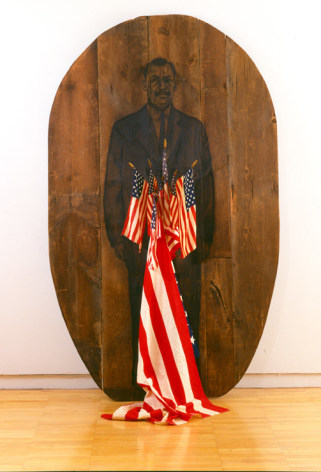 America, 2000 Charcoal on wood, flags