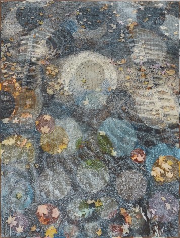 Suzanne Joelson, Aggregated Madonna, 2021-2022. Acrylic paint on wood panel with vinyl mesh print, 48 x 36 inches