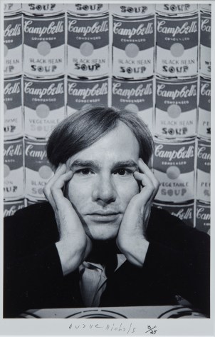 Andy Warhol (In Front of Campbell's Soup Art), c. 1962 Gelatin silver print 12 5/8 x 8 1/4 inches (image); 11 x 14 inches (paper) Edition 8/25