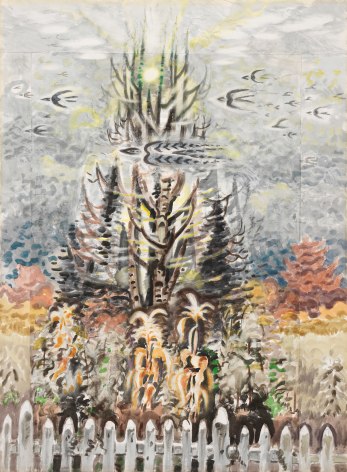 Charles Burchfield White Picket Fence, c. 1965 Watercolor, charcoal, and chalk on joined paper, mounted to board 53 x 40 inches
