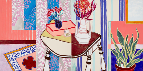Robert Kushner, Pink Studio I, 2022. Oil, acrylic and cont&eacute; crayon on canvas, 48 x 96 inches