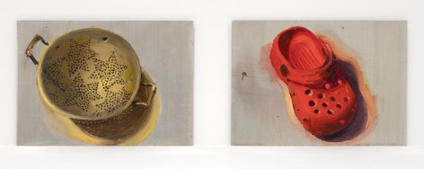 Katy Schneider, Holy Holey, 2020. Oil on two vintage aluminum panels, 3 x 4 inches (each panel)