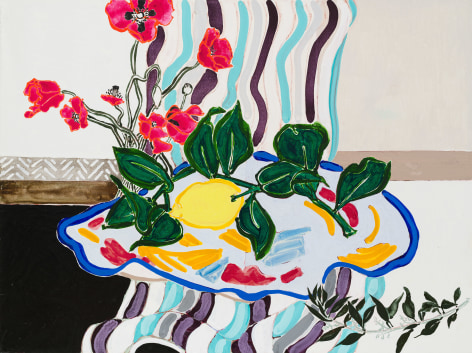 Antella Curtain and Window: Lemon and Poppies, 2023 Oil, acrylic, cont&eacute; crayon, and pencil on canvas 36 x 48 inches