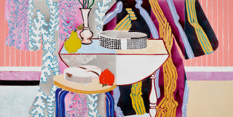 Robert Kushner, Pink Studio II &ndash; Whose Sleeves, 2022. Oil, acrylic and cont&eacute; crayon on canvas, 48 x 96 inches