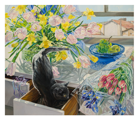 Tulips and Grey Cat, 1989. Oil on canvas, 60 x 70 inches
