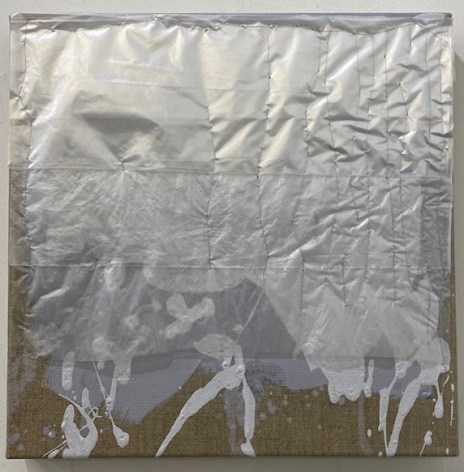 Holly Miller, Lightning, 2022. Acrylic, thread, and plastic bag on linen, 12 x 12 inches