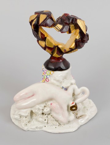 We&rsquo;re Lost in this Masquerade, 2012, Porcelain, on glaze enamels, 24 K gold leaf, wood