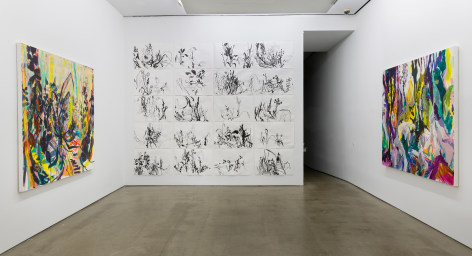 Installation view of Allison Gildersleeve's solo exhibition. Depicting abstracted floral paintings and drawings on the wall