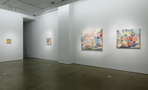 Installation image of Carolyn Case's solo exhibition. Paintings line the gallery walls by a doorway