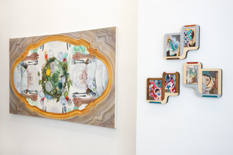 This is an installation view of the group exhibition Counter Narratives: Geographies of the Unfamiliar, which features paintings on the walls. There is a large horizontal painting on the left.