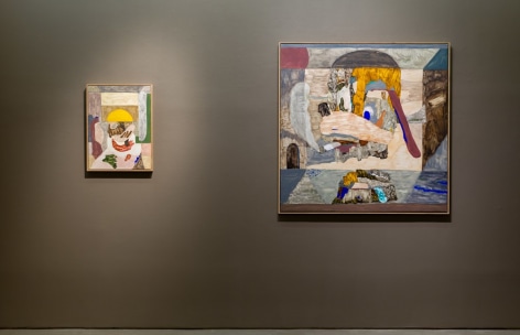 An installation view of paintings and sculptures by Gudmundur Thoroddsen. Two paintings are hung close together on a wall.