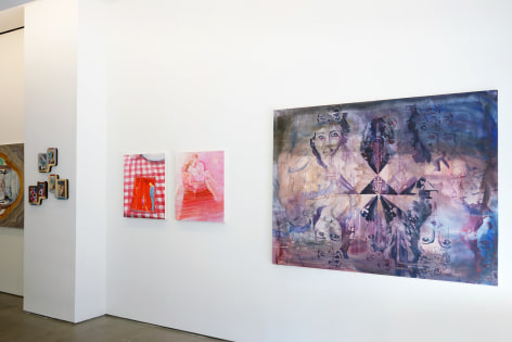 This is an installation view of the group exhibition Counter Narratives: Geographies of the Unfamiliar, which features paintings on the walls. There is a large piece in the foreground, next to a column.