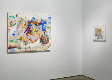 Installation image of Carolyn Case's solo exhibition. Two paintings line the gallery walls
