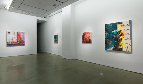 Installation view of Angelina Gualdoni's solo exhibition, showing paintings on the walls.