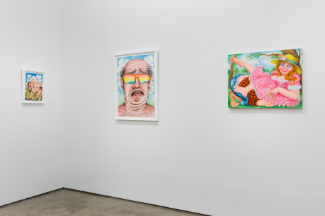 Installation view of &quot;Town and Country&quot; by Rebecca Morgan. Sculptures on a table and paintings and prints on the wall