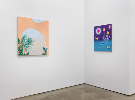 Installation view of &quot;Plastic Garden&quot;, a group exhibition of painting and sculpture. There are two paintings