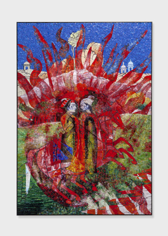 Red Lotus, 2018, glass mosaic with patinated brass frame