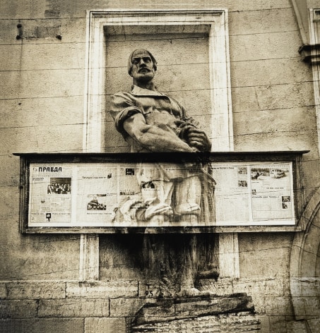 Sculpture of a peasant crucified by Pravda stand, 1987-89