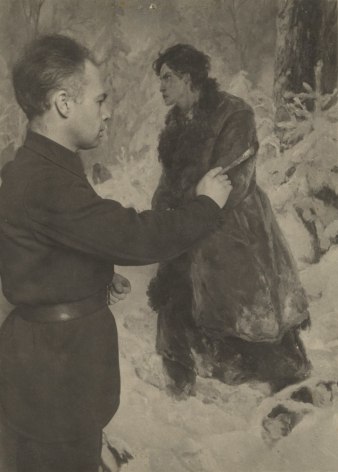 One of the most talented Leningrad painters, A. V. Serov, working on a canvas depicting a heroine Russian woman. It is called &quot;The Last Bullet&quot; and shows a Russian partizan girl who is surrounded by the enemy