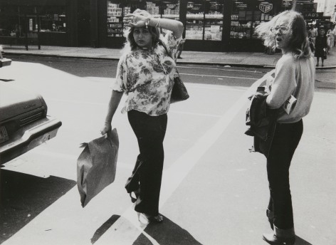 Rudy Burckhardt Untitled, New York (two women walking, one with bag and shielding eyes from sun), c. 1978