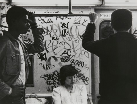 Rudy Burckhardt Subway, New York (two standing men on either side of a seated woman), c. 1985
