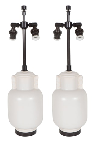 Pair of White Art Deco Lamps with Greek Key Motif