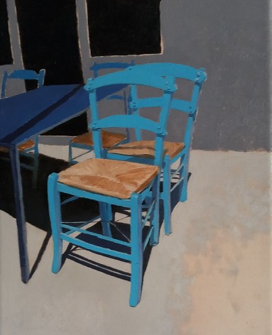 Tomas Watson, Blue Chairs, 2023, Oil on canvas,&nbsp;19 3/5&quot; x 23 3/5&quot;