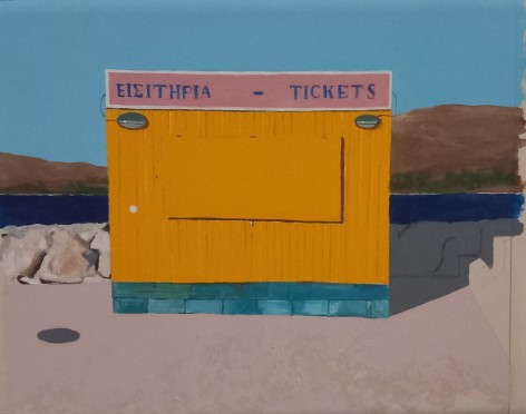 Tomas Watson, Ticket office, 2023, Oil on sized canvas, 19 3/5&quot; x 23 3/5&quot;