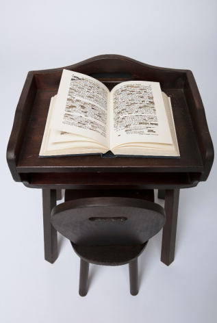 Gary Gissler, interpretation of dreams II, 2016-23, Book and wooden child&rsquo;s chair/desk