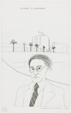 David Hockney, Portrait of Cavafy in Alexandria, 1966, Etching and aquatint on paper, 13 13/16&quot; &times; 8 7/8&quot; at Anita Rogers Gallery