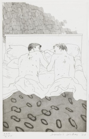 David Hockney, Two Boys Aged 23 or 24, 1966, Etching and aquatint on paper, 13 13/16&quot; &times; 8 7/8&quot; at Anita Rogers Gallery