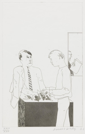 David Hockney, He Enquired After the Quality, 1966, Etching and aquatint on paper, 13 13/16&quot; &times; 8 7/8&quot; at Anita Rogers Gallery
