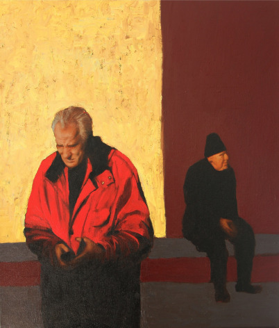 Tomas Watson, Two Men, Monastiraki, 2019, Oil on canvas, 27 1/2&quot; x 23 3/5&quot;