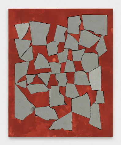 Sam Moyer, Red Wall, 2019, blue stone, painted canvas mounted to MDF panel
