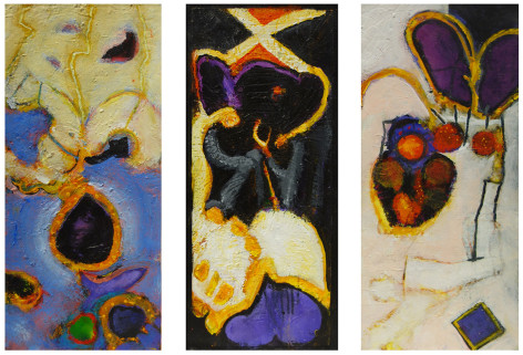 William Scharf, Piscinian Smile, Surprise by Pendulum, Tyr Rite (From left to right), 2001, 2000, 2000-1 (From left to right)