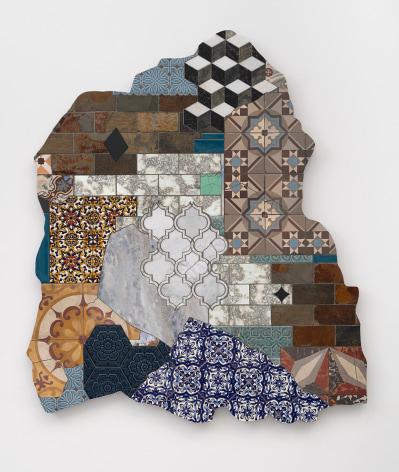 Caribbean Utopia I, 2021, repurposed vintage tile, glazed porcelain, marble, mirror and stone on aluminum panel, 43 x 50 inches/109.2 x 127 cm