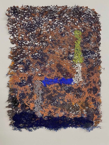 Neha Vedpathak, Unsteady Stream, 2021, plucked Japanese handmade paper, acrylic paint, thread, acrylic polymer, 19 x 15 inches/48 x 38 cm