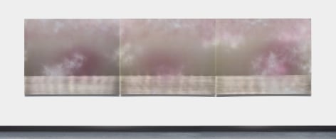 Miya Ando, Yuugure Triptych July 3 2022 8:02 PM, 2022, micronized pure silver, pigment and urethane on aluminum, 122 x 457.2 cm (48 x 180 inches)