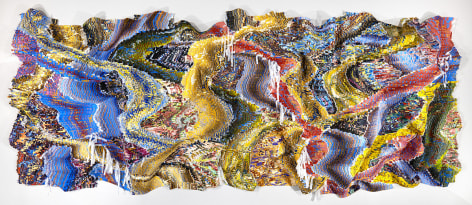 Kenny Nguyen, Eruption Series No. 51, 2024, hand-cut silk fabric, acrylic paint, canvas, mounted on wall, 198.1 x 485.1 cm (78 x 191 inches)