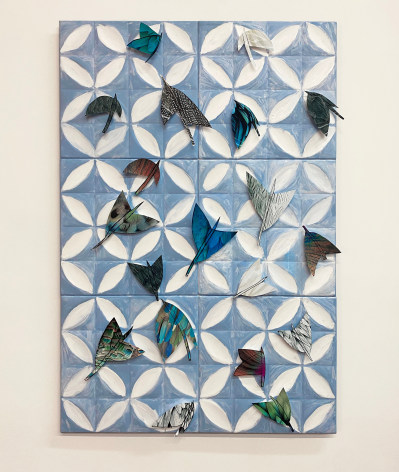 Susan Weil, Feathers Fly, 2021, cut photo paper mounted on foam, glued on acrylic on Styrofoam ceiling tiles, mounted on Masonite, 150 x 100 x 4 cm (59 x 39.3 x 1.8 inches)
