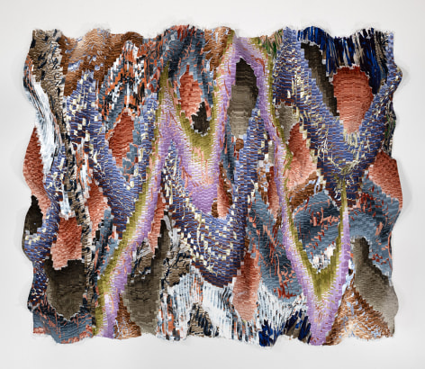 Kenny Nguyen, Eruption Series No. 59, 2024, hand-cut silk fabric, acrylic paint, canvas, mounted on wall, 180.3 x 228.6 cm (71 x 90 inches)
