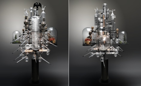 The Genesis Series - Day VI B, 2021, assemblage sculpture with glass beakers, tubes, flasks and domes with engraved, appliqué and printed text; laboratory clamps; icons and iconography, tubular lights and steel base, 182.9 x 106.7 x 106.7 cm (72 x 42 x 42 inches)