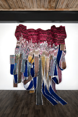 Kenny Nguyen, Undecided Title, 2025, hand-cut silk fabric, acrylic paint, canvas, mounted on wall, 381 x 259.1 cm (150 x 102 inches)