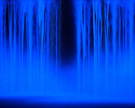 Hiroshi Senju, Waterfall under ultraviolet light, 2014, acrylic and fluorescent pigments on Japanese mulberry paper, 71 9/16 x 89 1/2 inches/181.77 x 227.33 cm.