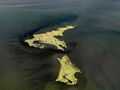 Edward Burtynsky, Oil Spill #14, Marsh Islands, Gulf of Mexico, June 24, 2010, chromogenic color print, 39 x 52 inches &copy; 2010 Edward Burtynsky