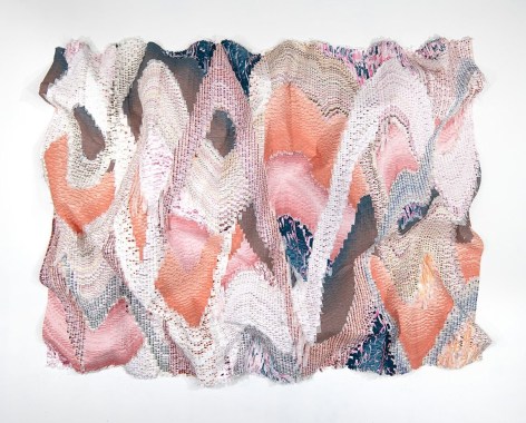 Kenny Nguyen, Eruption Series No. 78, 2025, hand-cut silk fabric, acrylic paint, canvas, mounted on wall, 215.9 x 292.1 cm (85 x 115 inches)