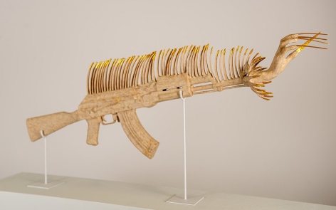 Le Hien Minh, Apocalypse Nail, 2024, traditional Vietnamese handmade Dó paper, bioplastic, 24K gold paint, 38.5 x 115 x 15.5 cm (15.2 x 45.3 x 6.1 inches)