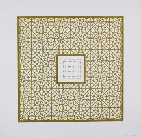 Anila Quayyum Agha, Flowers (Pea Green Square), 2017, mixed media on paper (encaustic pea-green square with brown beads in center), 29.5 x 29.5 inches/75 x 75 cm