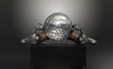 Enuma Elish III, 2019, assemblage sculpture with glass beaker engraved with text, vintage bronze replica rhytons and steel base, 45.7 x 63.5 x 30.5 cm (18 x 25 x 12 inches)