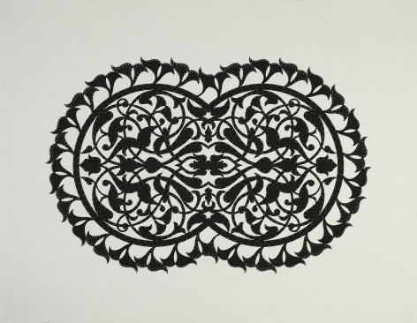 Black and White, 2021, encaustic, cut paper, embroidery and beads on paper, 29.75 x 38.5 inches/75.6 x 97.8 cm